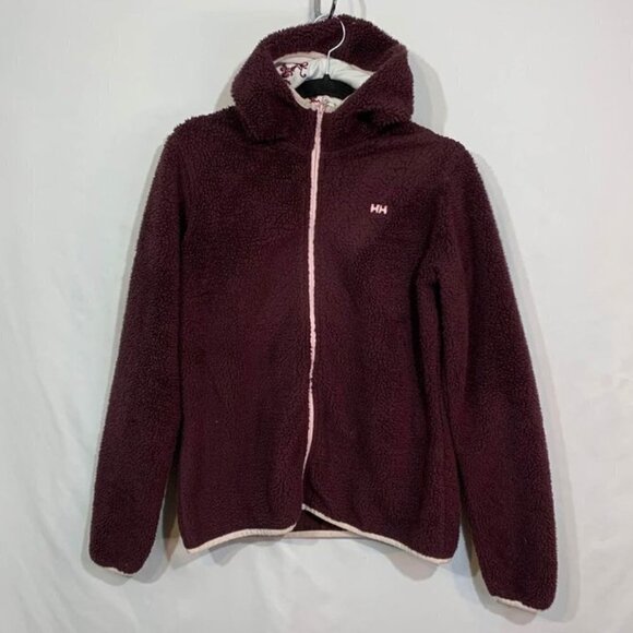 𝅺HELLY Hansen woman’s teddy coat. Size large. Burgundy. Ultra plush. Hooded. - Picture 1 of 10